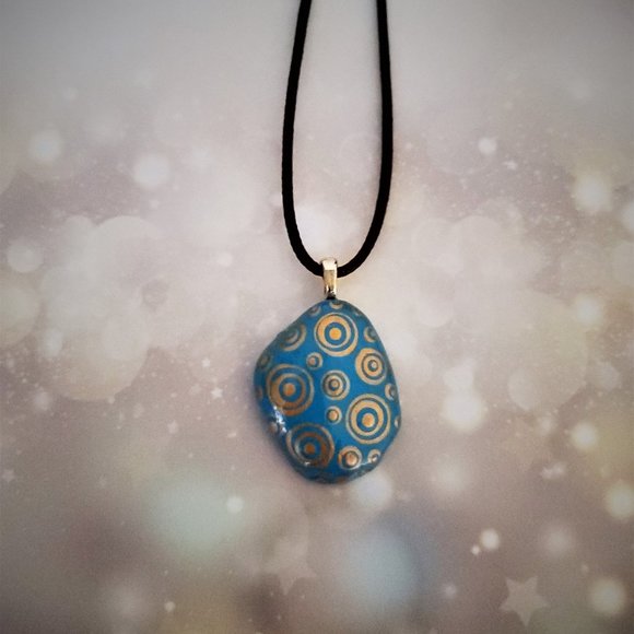 Hand Painted Dot Art Pendant, Turquoise and Gold - Picture 12 of 12